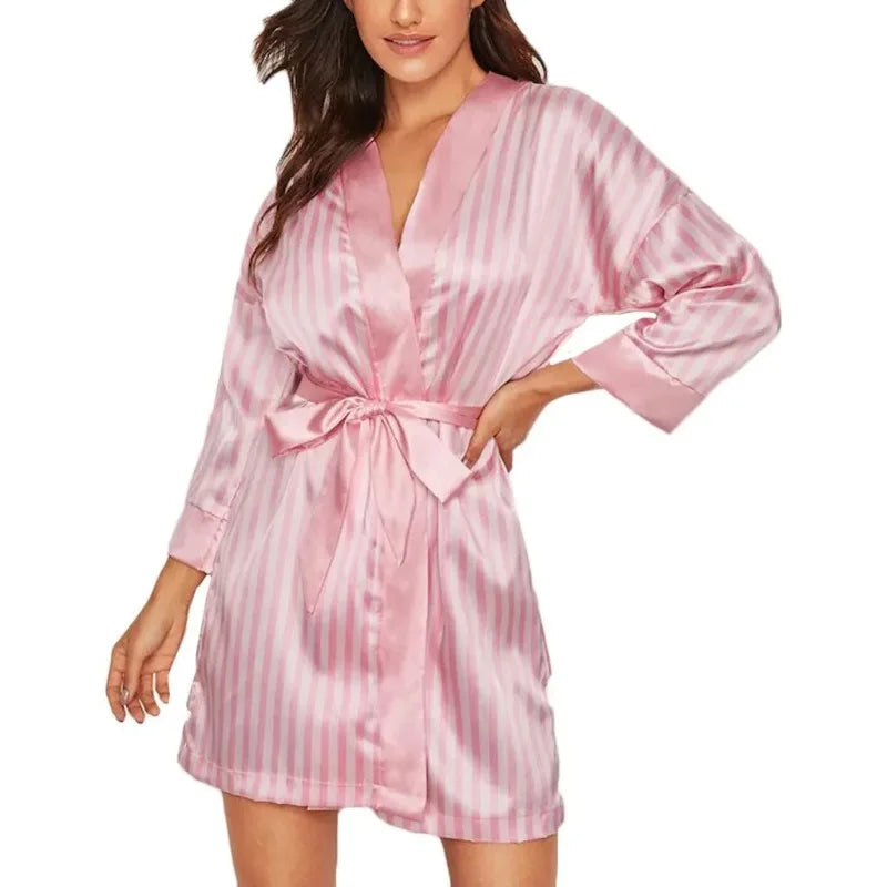 Women Satin Kimono Bathrobe Gown Summer V-Neck Nightgown Stripe Robe With Belt Bridal Wedding Sleepwear Loose Intimate Lingerie