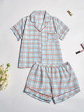 Women's Plaid Pajamas Set 2 Piece Button Down Short Sleeve Top and Shorts Sleepwear Casual Soft Loungewear for Summer