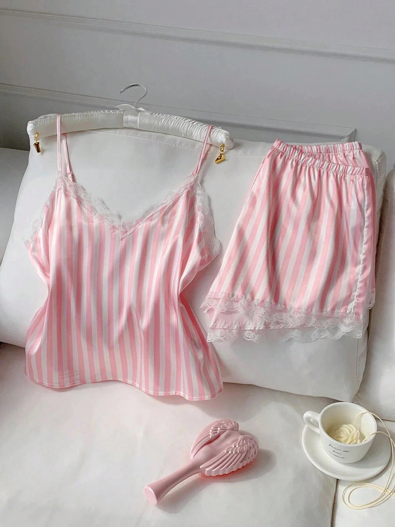 Two Piece Women's V-Neck Sexy Lace Suspender Pajama Satin Silk Intimate Lingerie Pink Stripe Sleewpear Pijamas Suit Summer New
