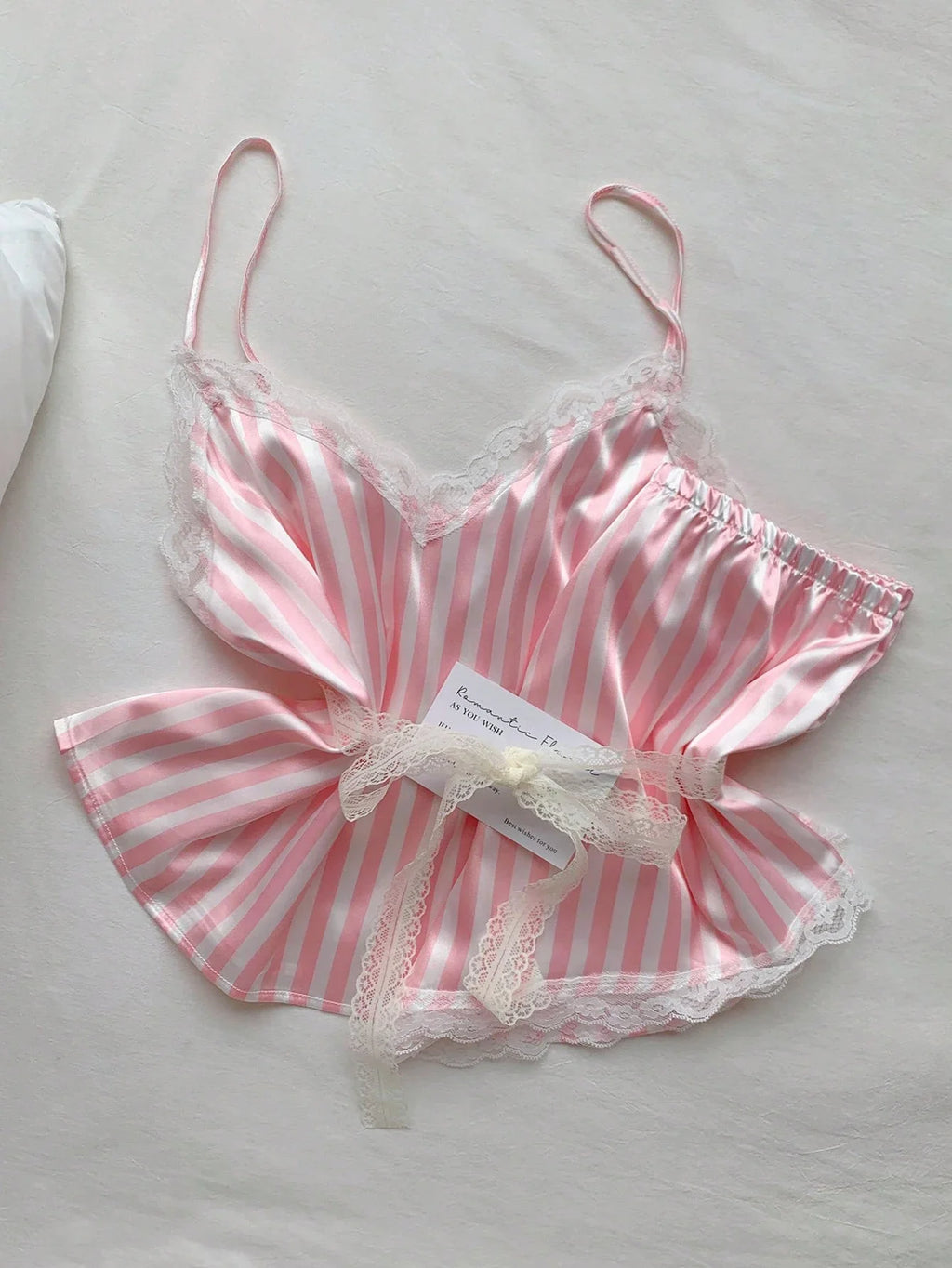 Two Piece Women's V-Neck Sexy Lace Suspender Pajama Satin Silk Intimate Lingerie Pink Stripe Sleewpear Pijamas Suit Summer New