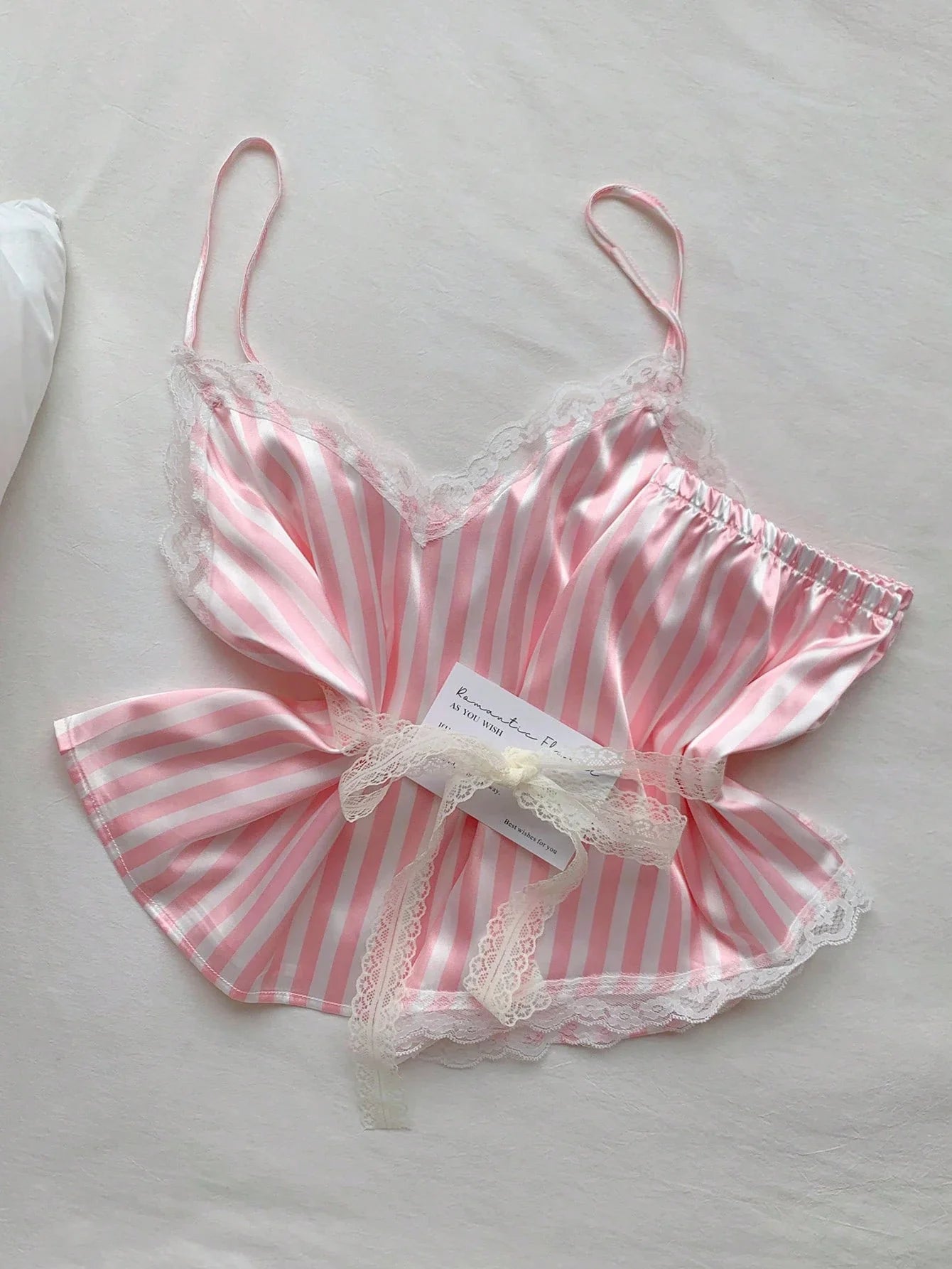 Two Piece Women's V-Neck Sexy Lace Suspender Pajama Satin Silk Intimate Lingerie Pink Stripe Sleewpear Pijamas Suit Summer New