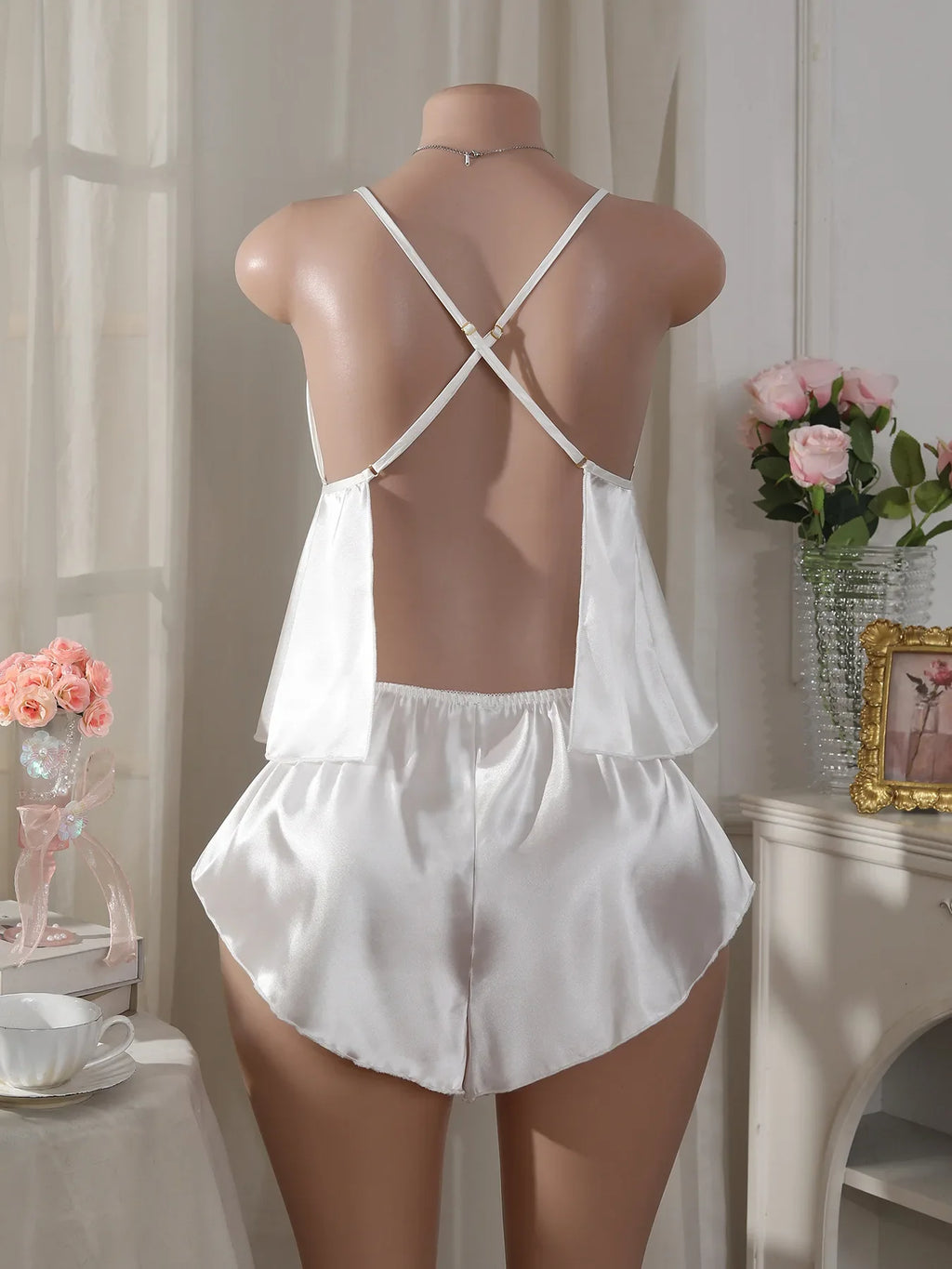 Y2K Sexy Women's Satin Cami Pajama Set Backless Crop Top and Shorts Coquette Aesthetic Lingerie Sleepwear for Women