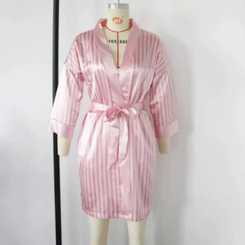 Women Satin Kimono Bathrobe Gown Summer V-Neck Nightgown Stripe Robe With Belt Bridal Wedding Sleepwear Loose Intimate Lingerie