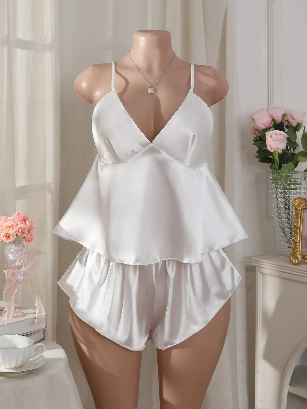 Y2K Sexy Women's Satin Cami Pajama Set Backless Crop Top and Shorts Coquette Aesthetic Lingerie Sleepwear for Women